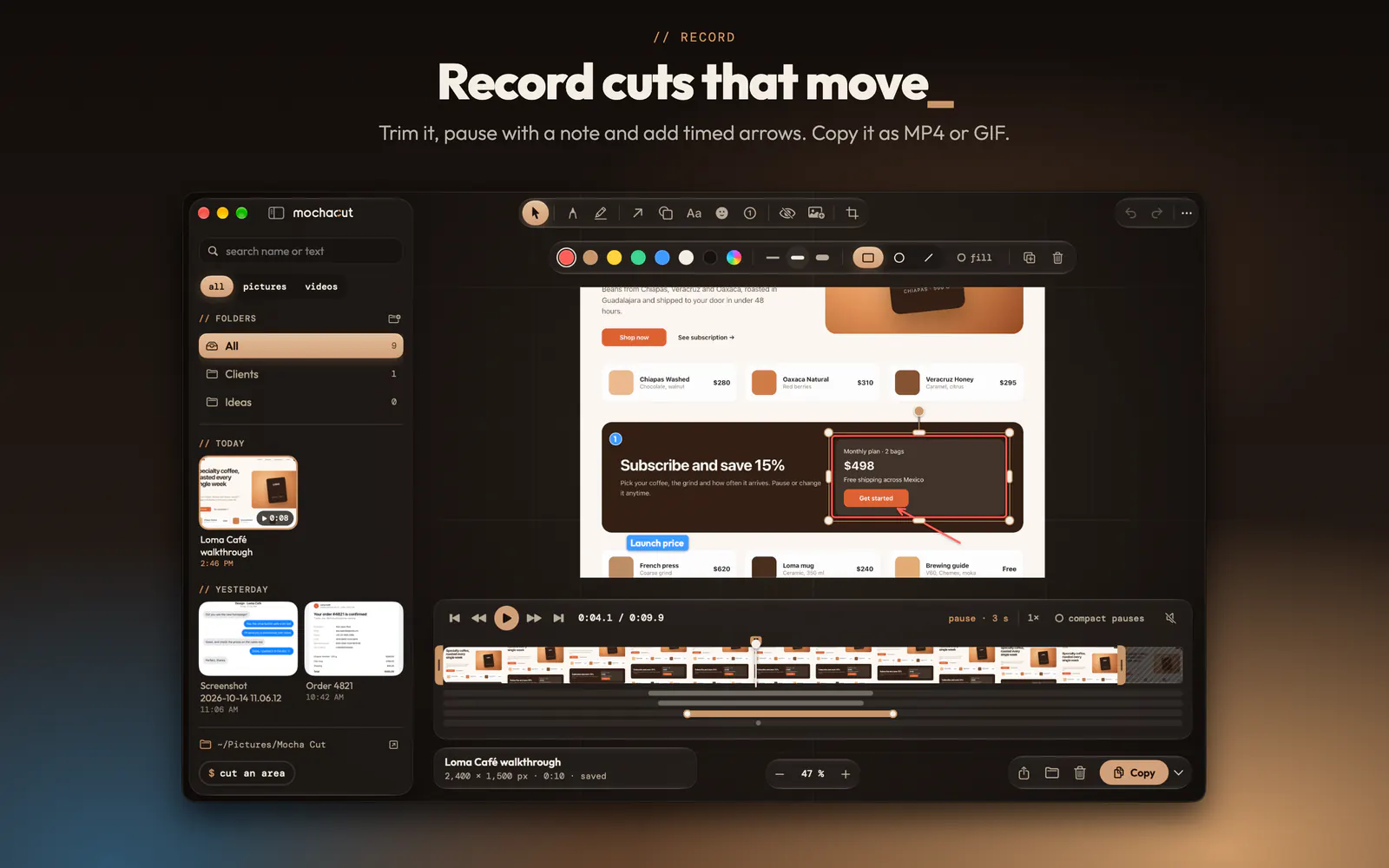 MochaCut clip editor: a recording with its timeline, cuts and a timed arrow