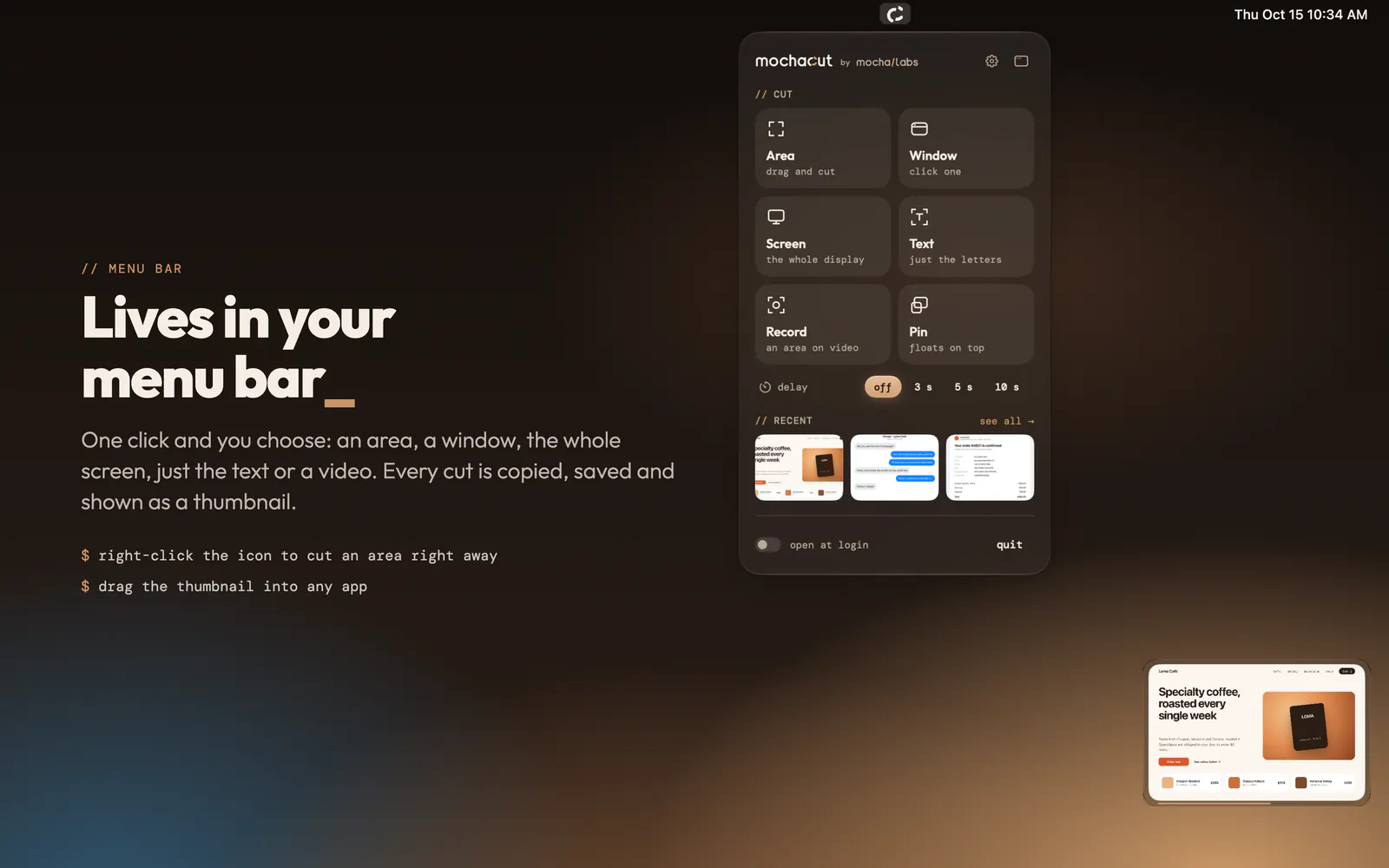 MochaCut menu bar panel: area, window, screen, text, record and pin
