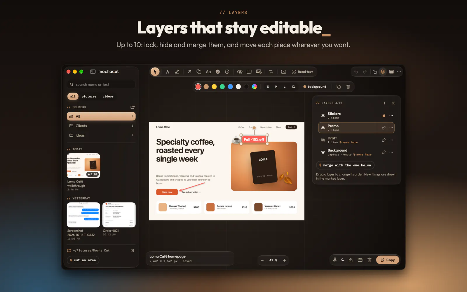 MochaCut layers: stamps, promo, draft and background, each one editable
