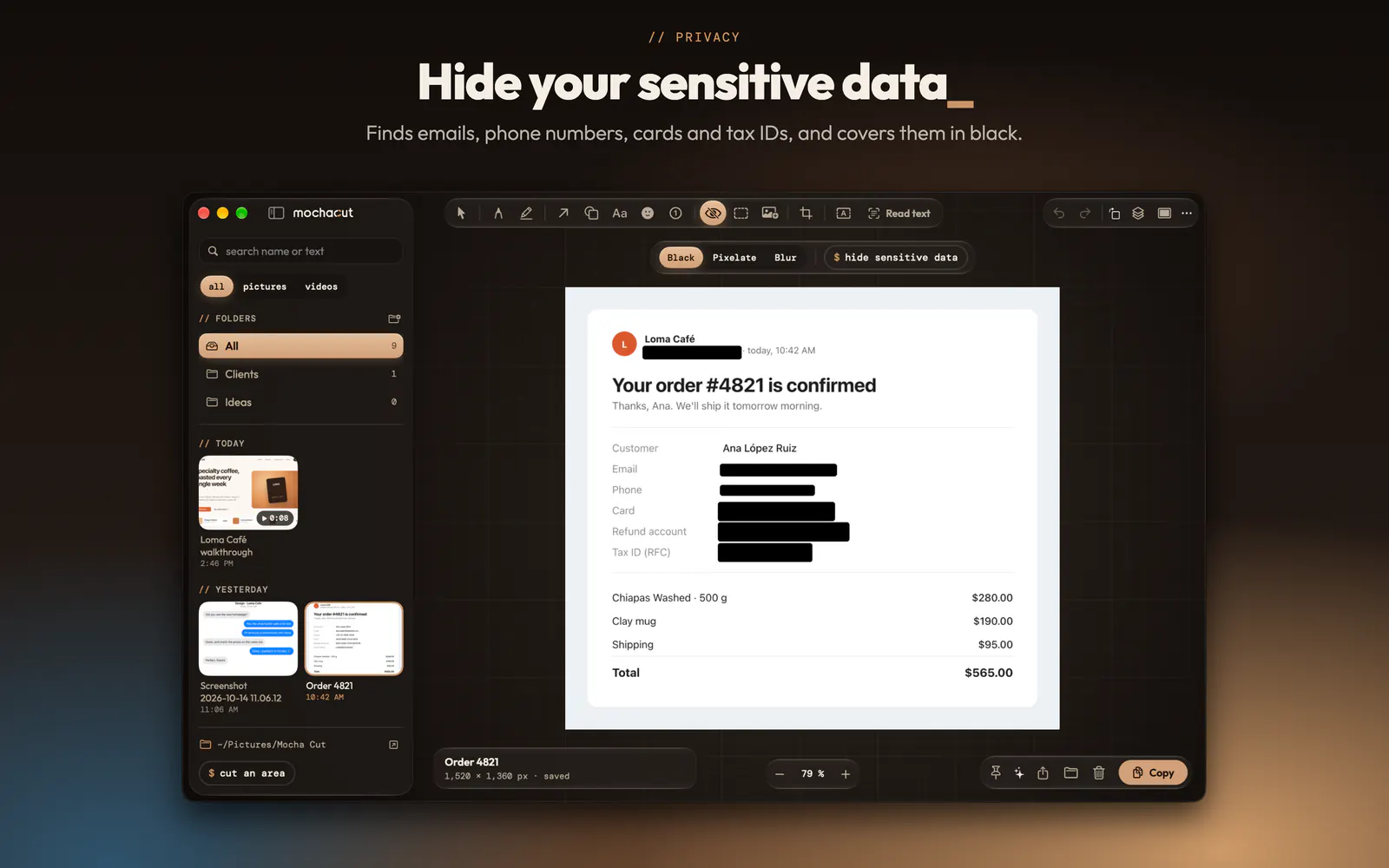 An order with the name, email, phone, card and bank account covered in black by MochaCut