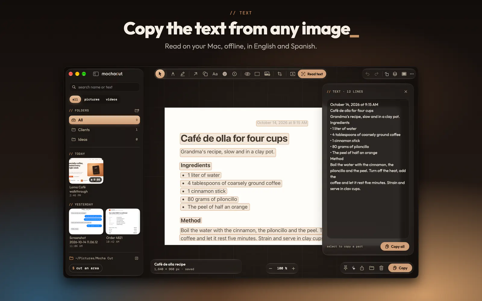 MochaCut reading the text of a recipe in an image to copy it