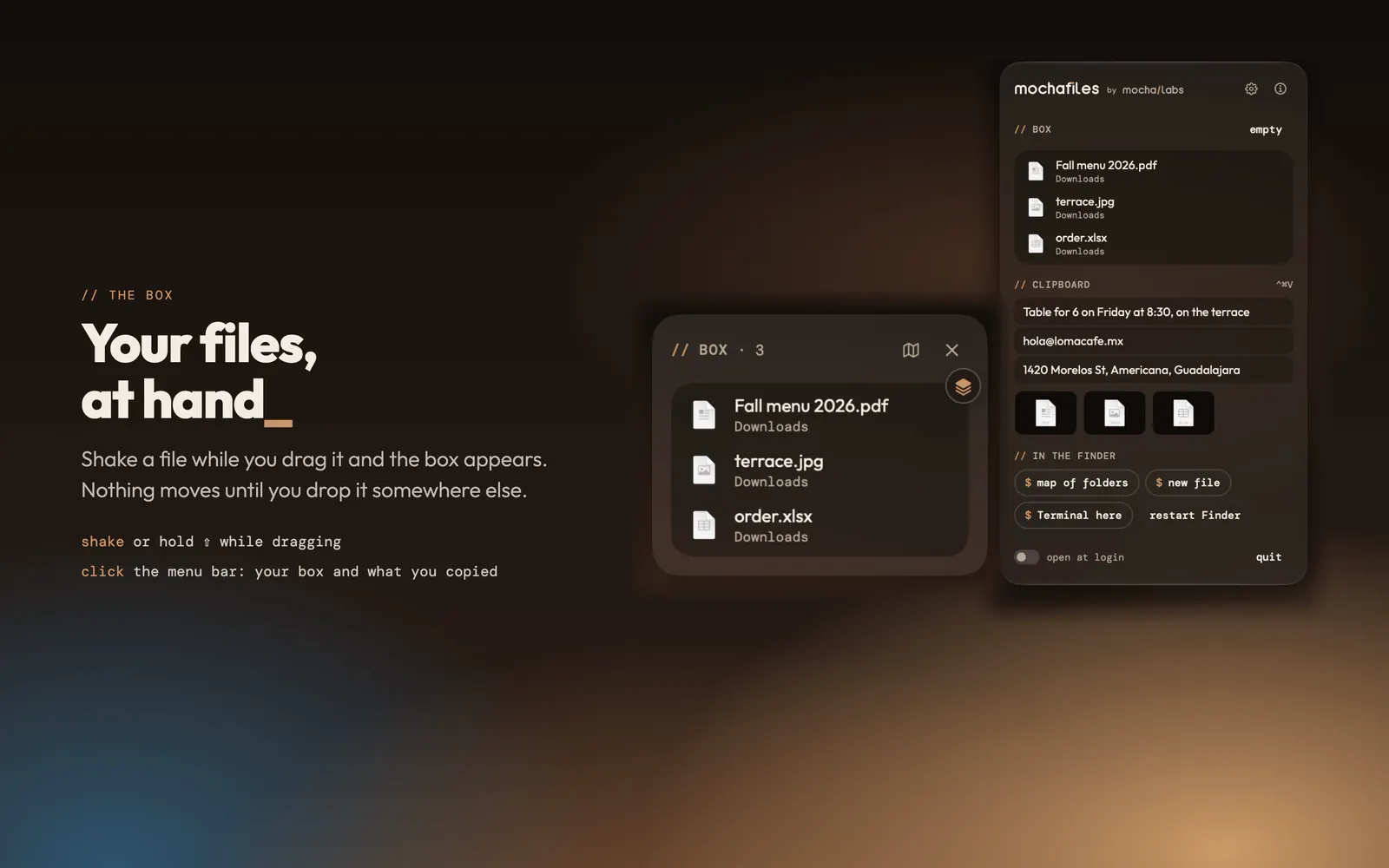 The MochaFiles box next to the pointer, with three files at hand