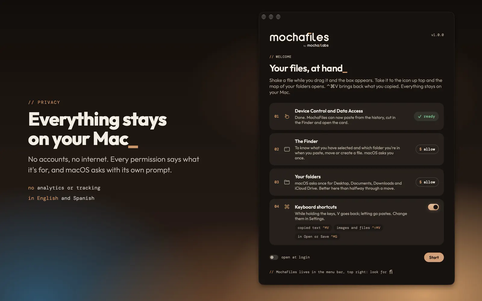 The MochaFiles welcome window with each macOS permission and what it is for