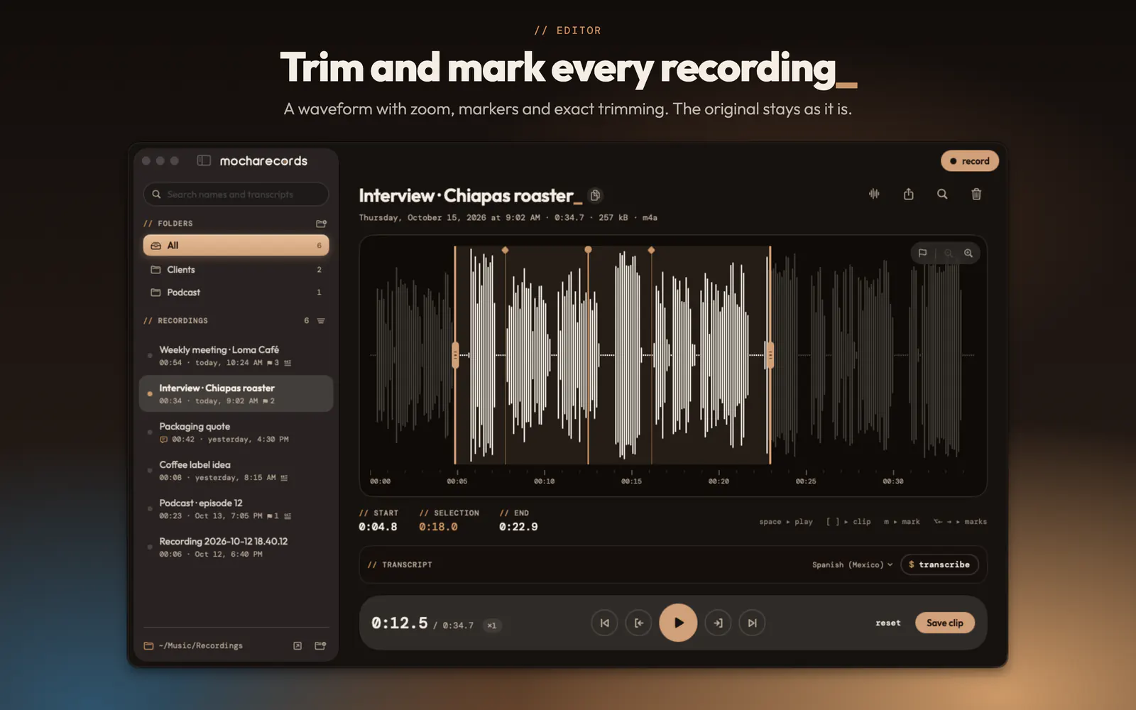 MochaRecords editor: the waveform of an interview with markers and a selected trim