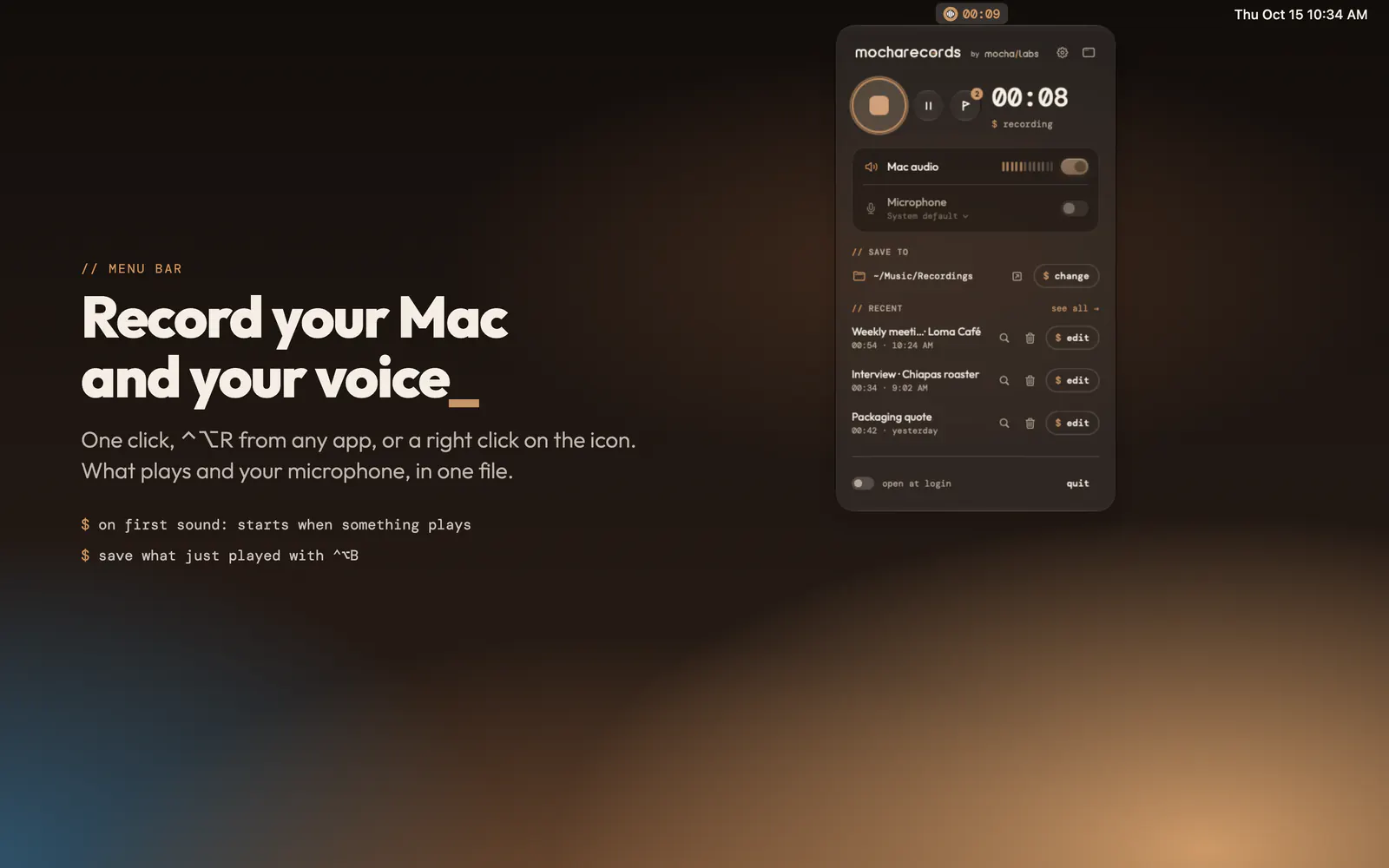 MochaRecords menu bar panel recording the Mac audio and the microphone