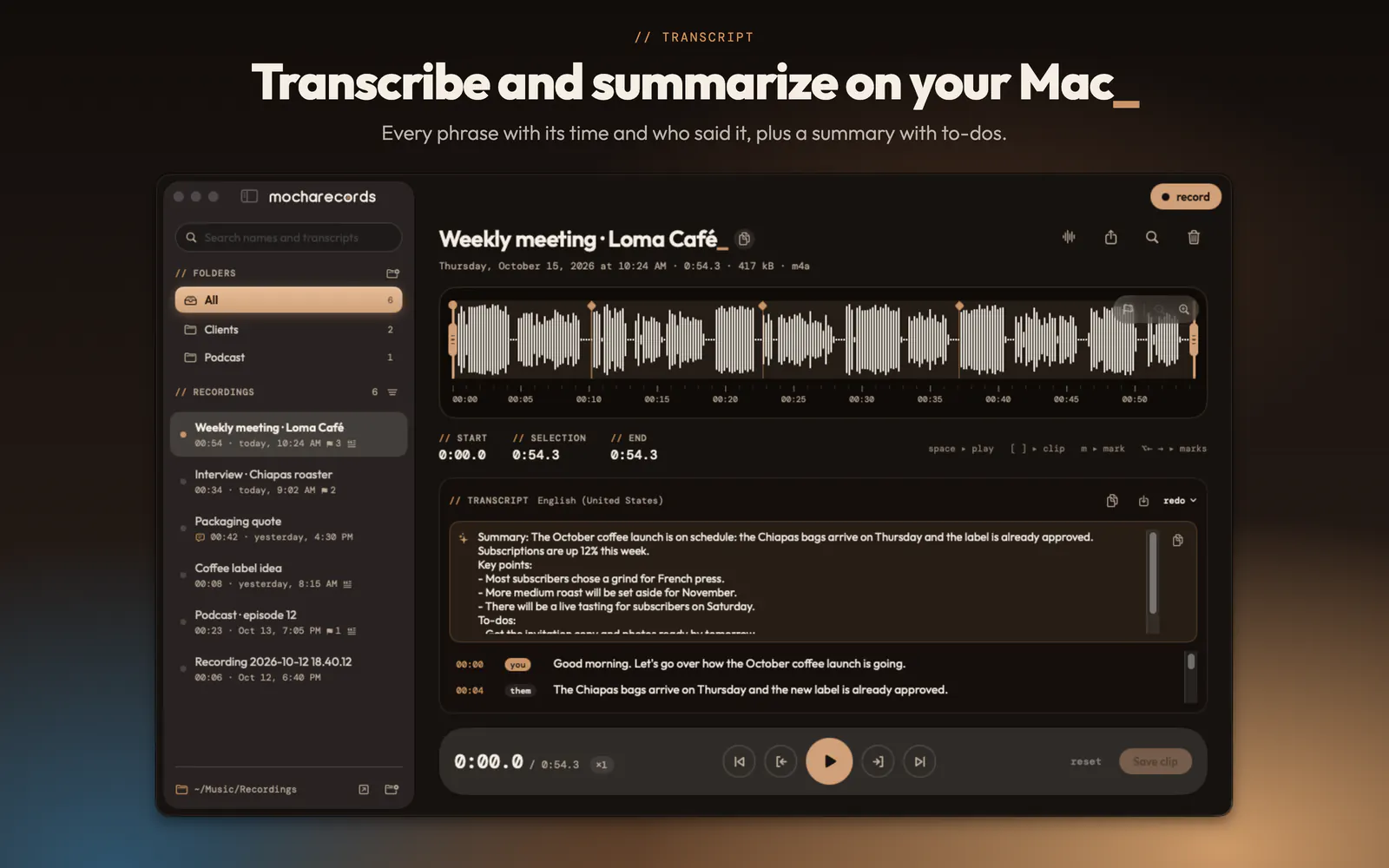 A meeting transcribed in MochaRecords, with its summary, key points and to-dos