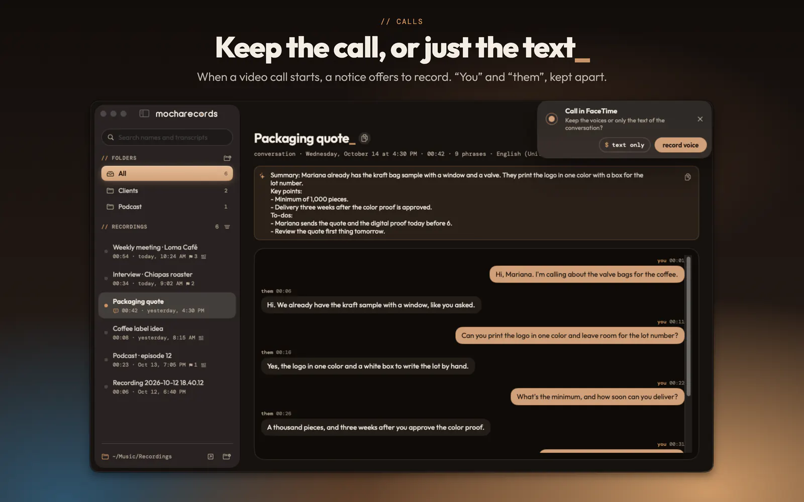 A call kept as text, with “you” and “them” apart, and the notice offering to record a video call