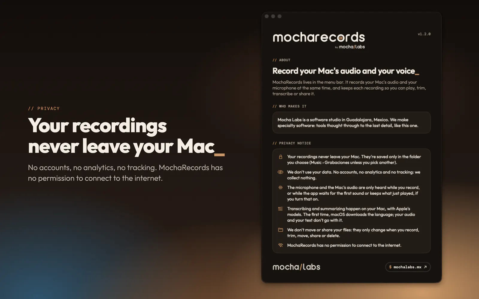 About MochaRecords with its privacy notice: your recordings never leave your Mac