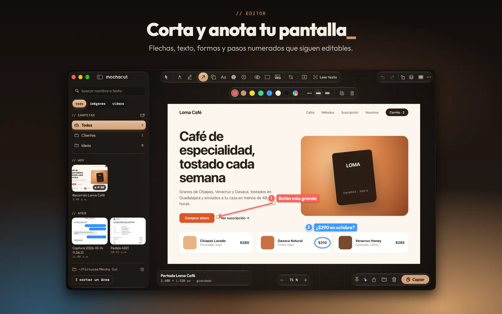 Editor de MochaCut: flechas, texto y pasos numerados sobre la captura de una tienda en línea