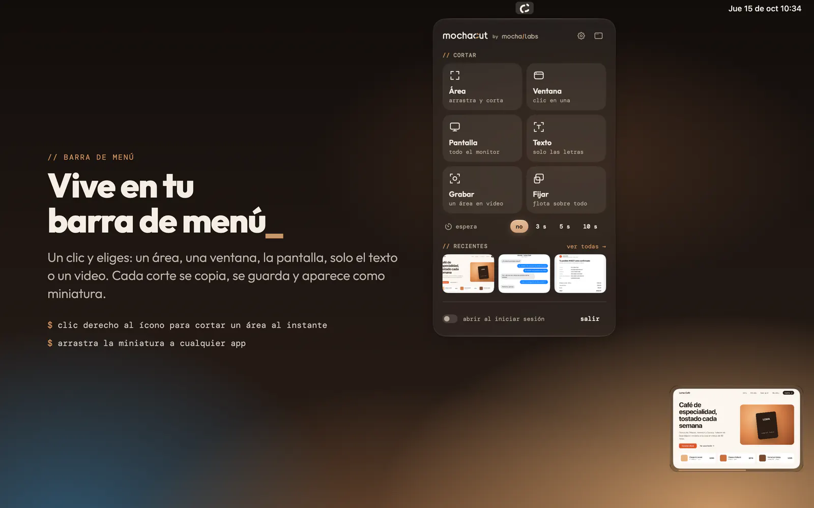 Panel de MochaCut en la barra de menú: área, ventana, pantalla, texto, grabar y fijar