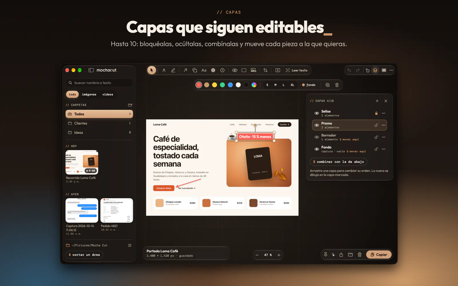 Capas de MochaCut: sellos, promoción, borrador y fondo, cada una editable