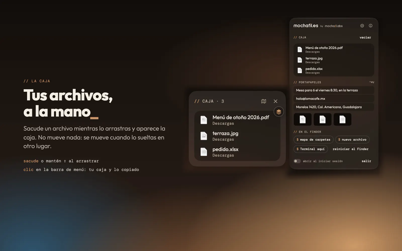 La caja de MochaFiles junto al puntero, con tres archivos a la mano