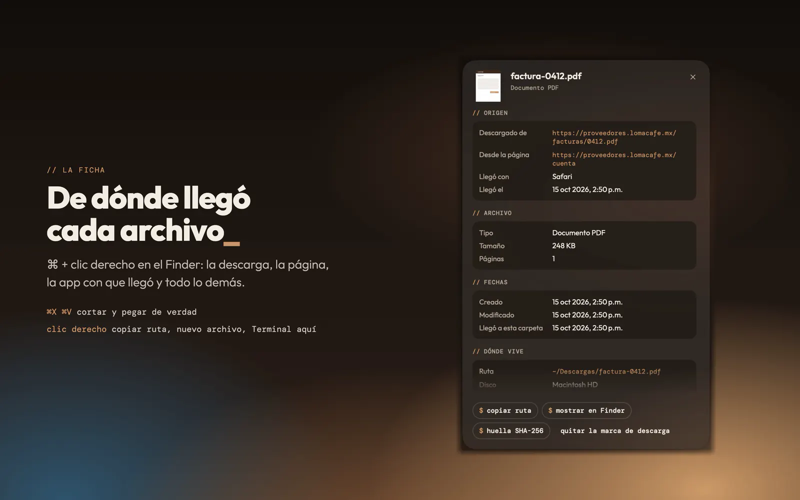 La ficha de un PDF en MochaFiles: de dónde se descargó, con qué app llegó y cuándo