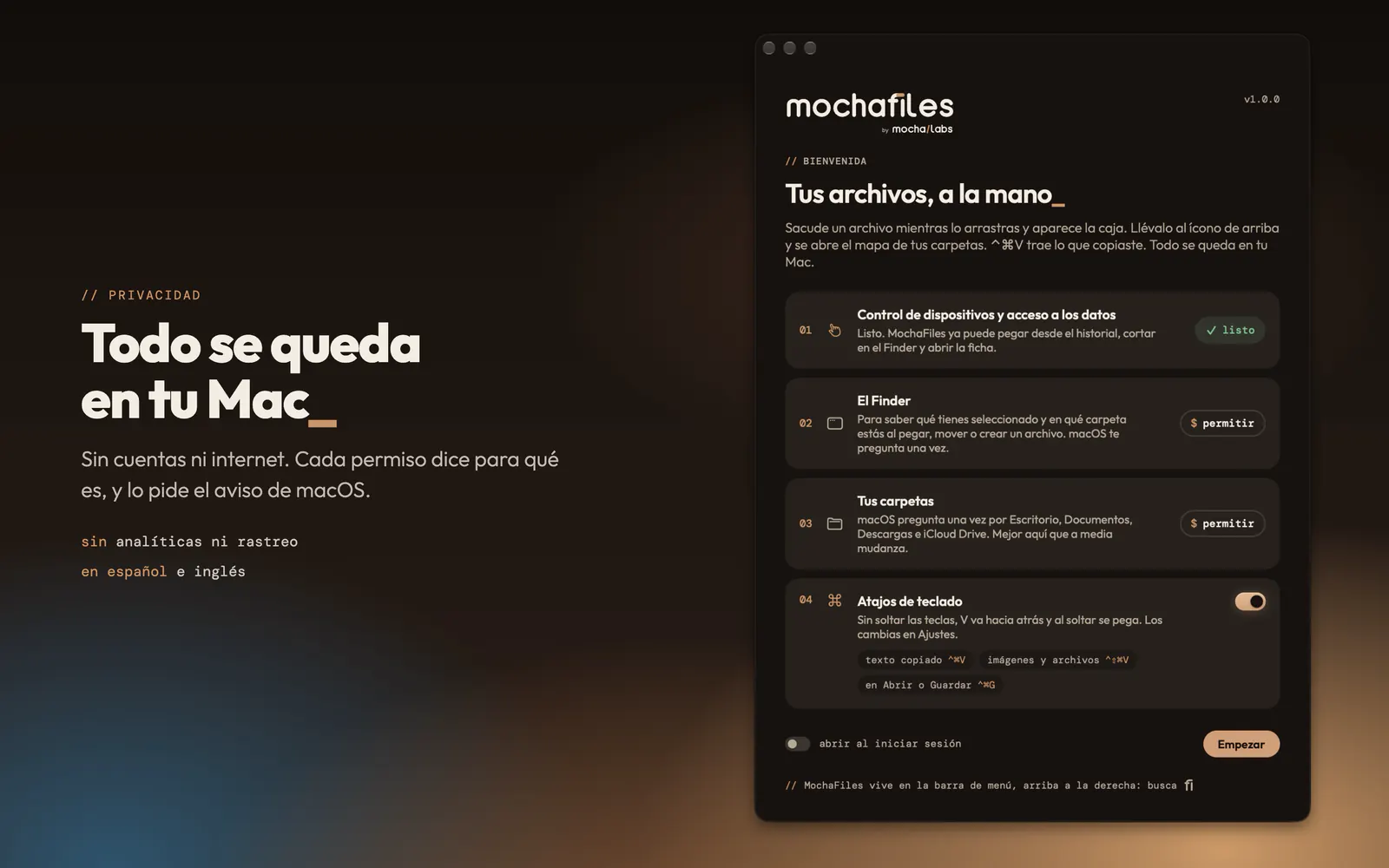 La bienvenida de MochaFiles con cada permiso de macOS y para qué es