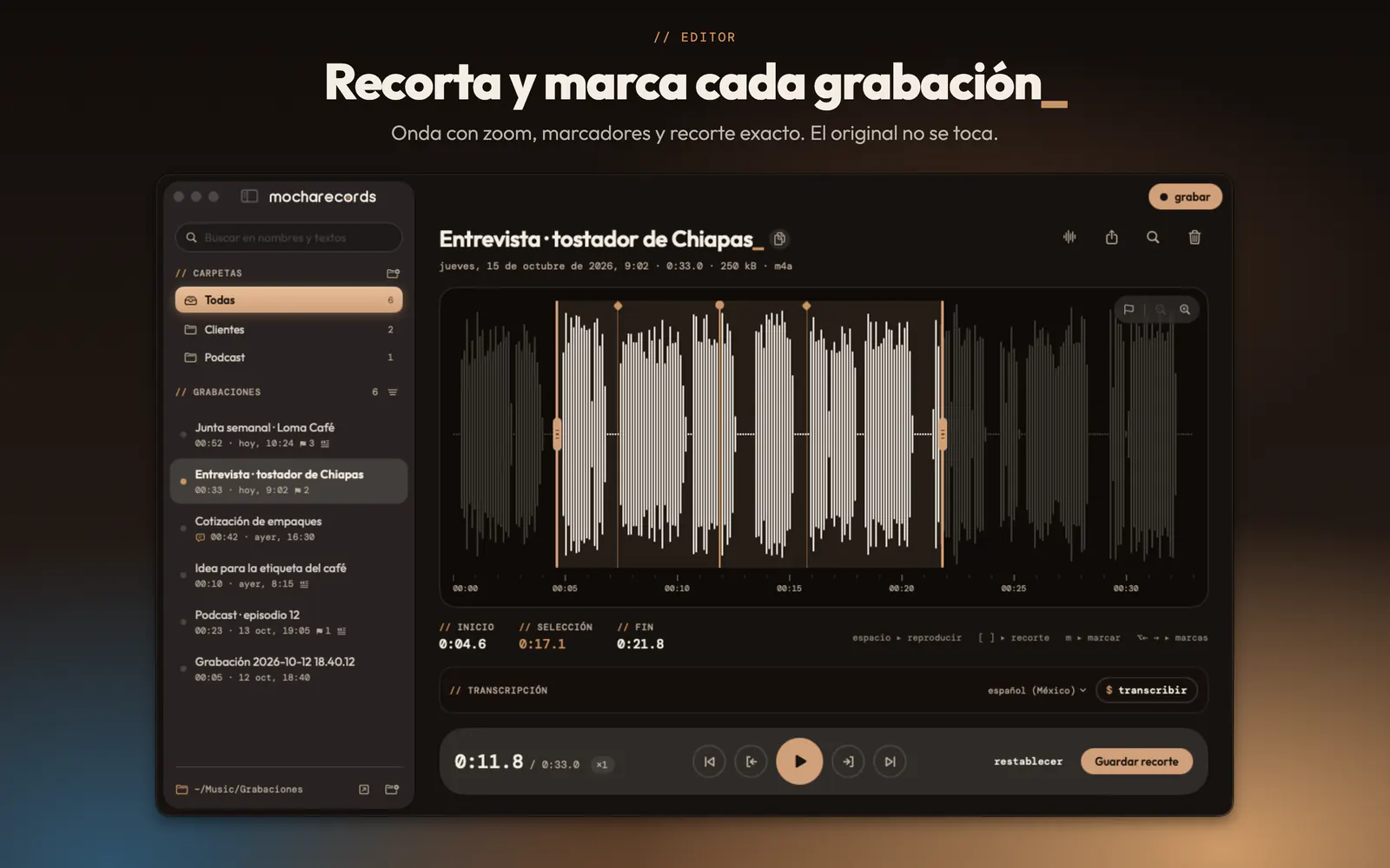 Editor de MochaRecords: la onda de una entrevista con marcadores y un recorte seleccionado