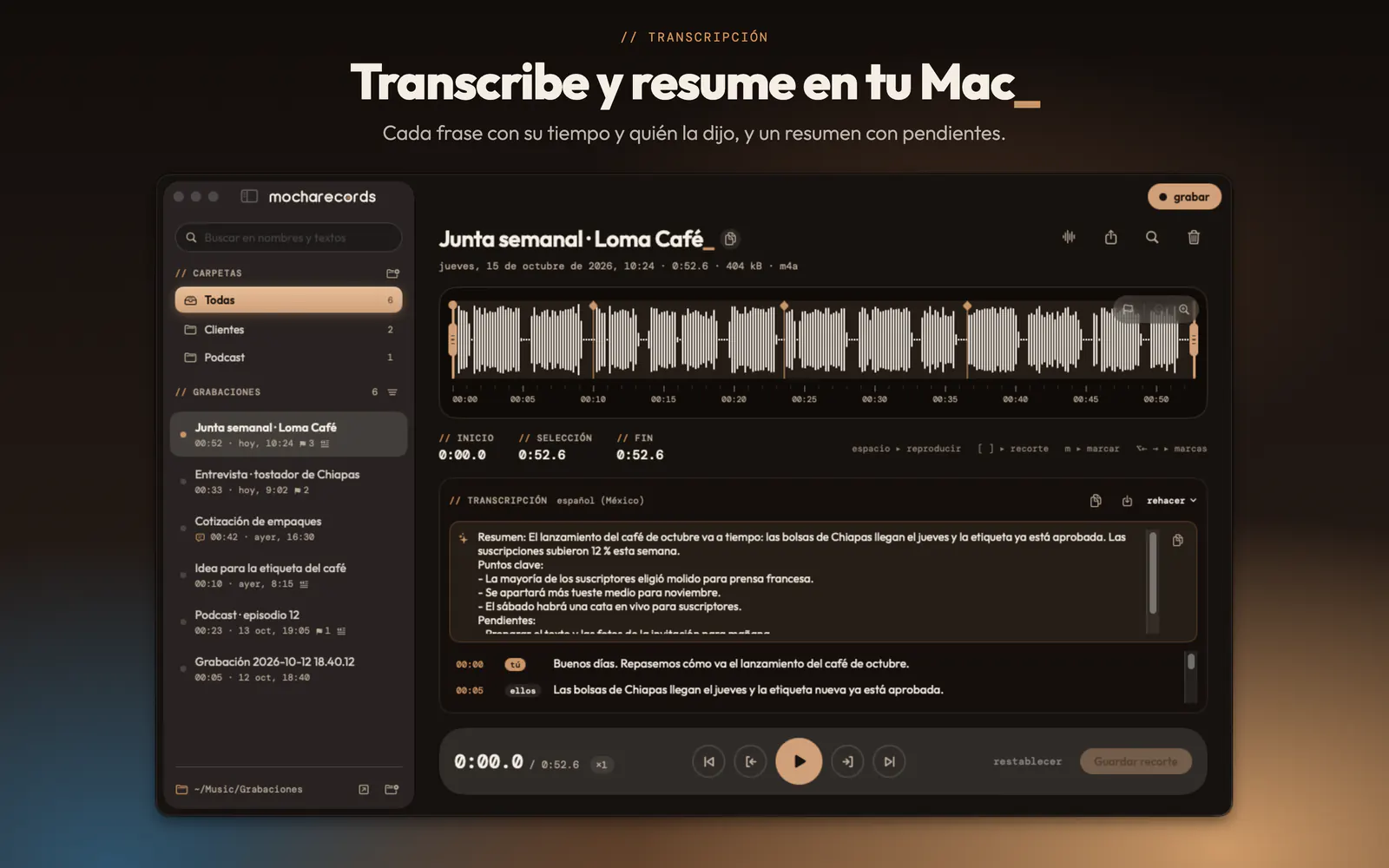 Una junta transcrita en MochaRecords, con su resumen, puntos clave y pendientes
