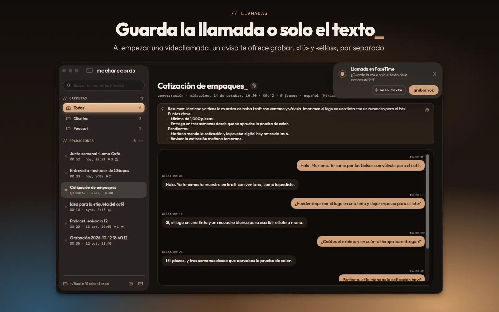 Una llamada guardada como texto, con «tú» y «ellos» separados, y el aviso para grabar una videollamada