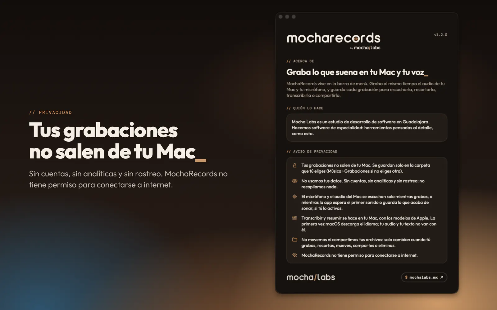 Acerca de MochaRecords con su aviso de privacidad: tus grabaciones no salen de tu Mac