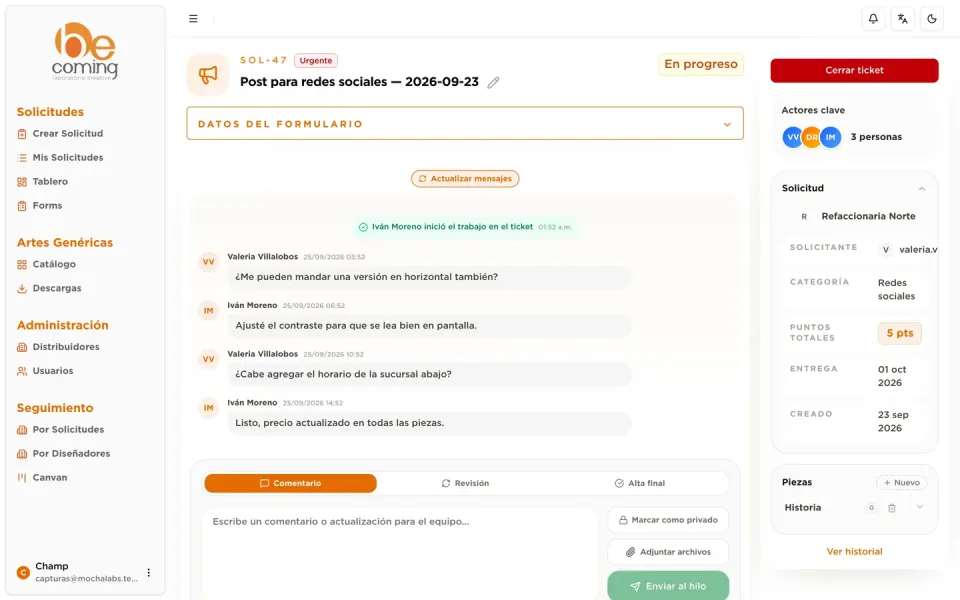 Conversación dentro de una solicitud en Becoming
