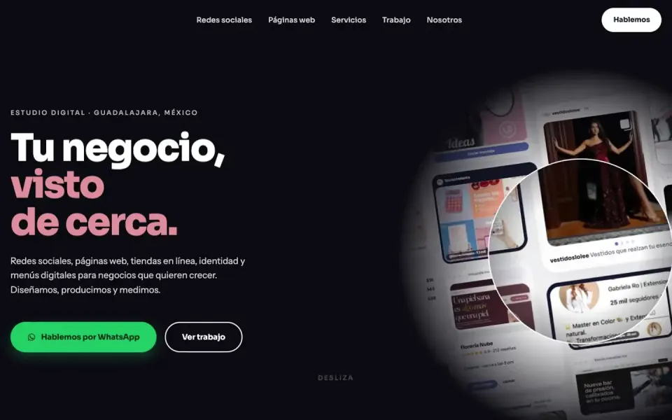 Portada del sitio de LB Crecimiento con el titular Tu negocio, visto de cerca y una lente sobre su trabajo