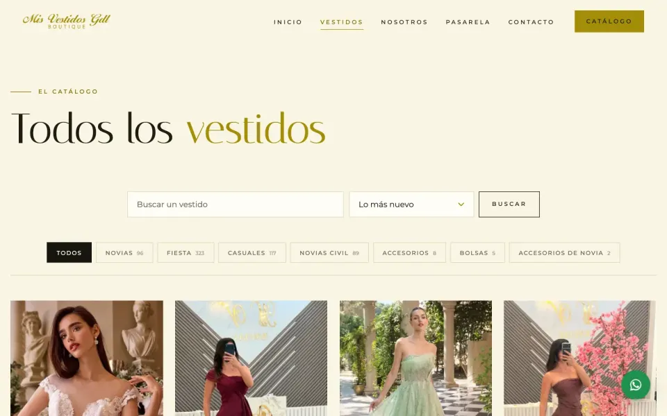 Catálogo de la tienda en línea de Mis Vestidos con filtros por ocasión y fotos de vestidos