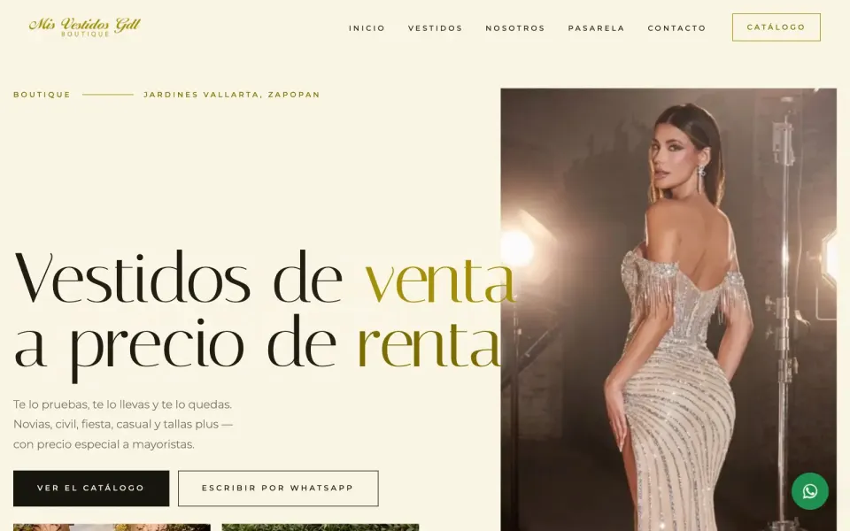 Portada del sitio de Mis Vestidos con el titular Vestidos de venta a precio de renta