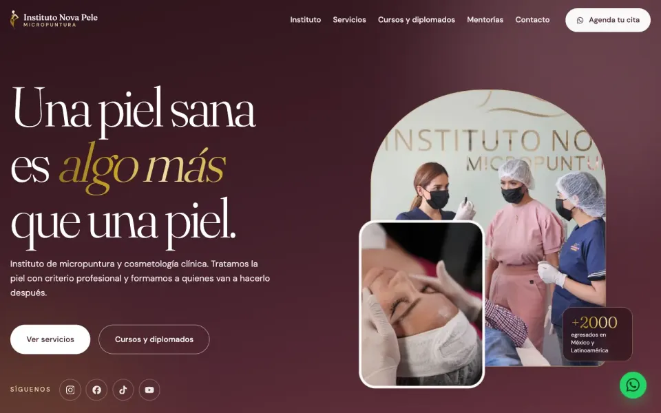 Portada del sitio del Instituto Nova Pele con el titular Una piel sana es algo más que una piel