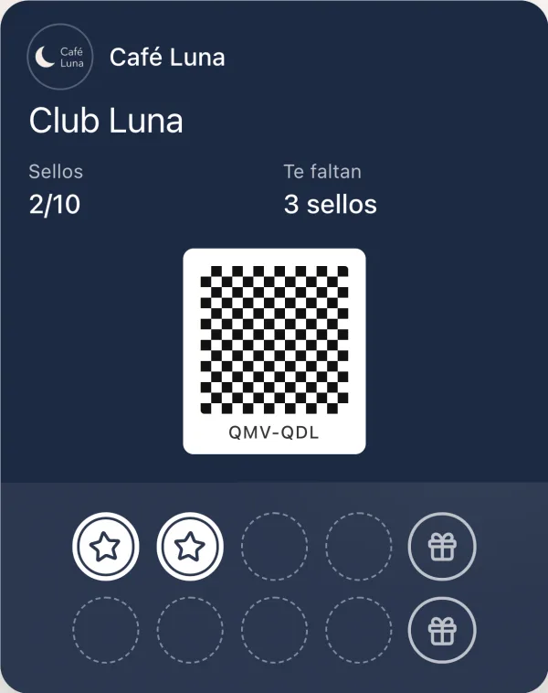 La tarjeta del Club Luna en Google Wallet con 2 de 10 sellos