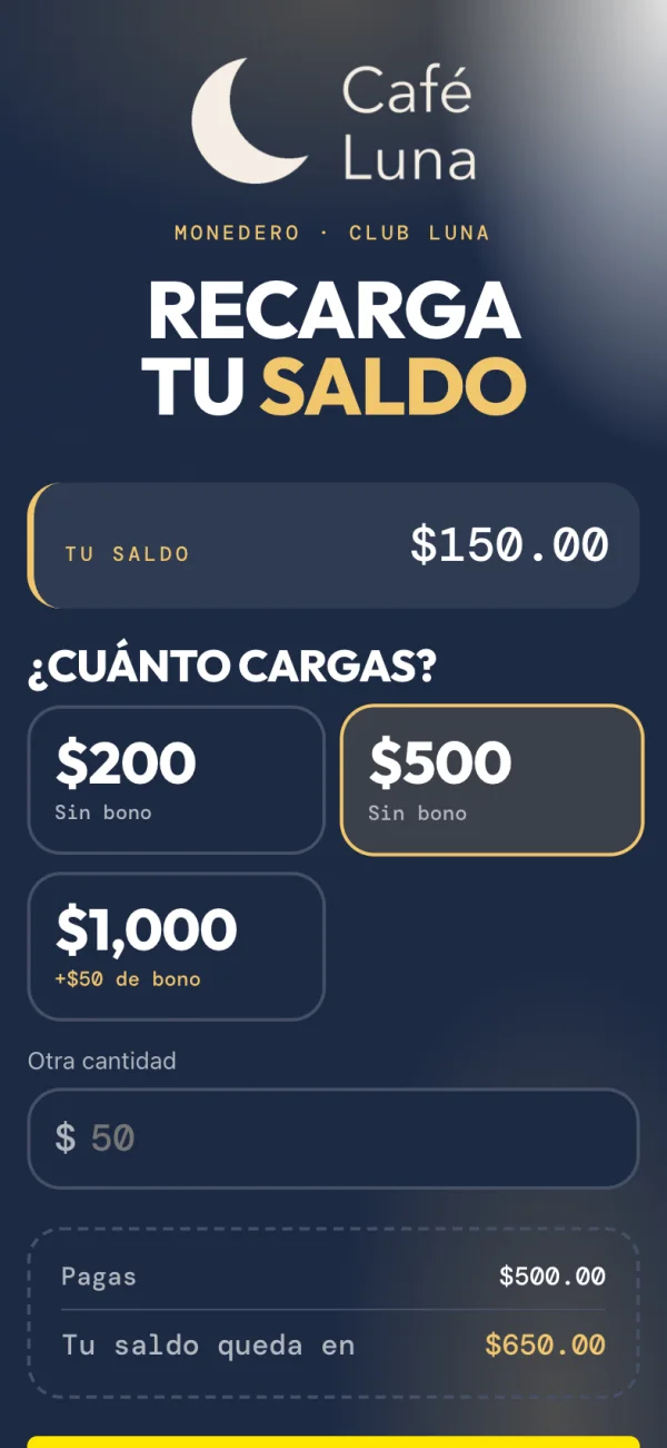 Pantalla de recarga: el cliente elige cuánto cargar y ve en cuánto queda su saldo